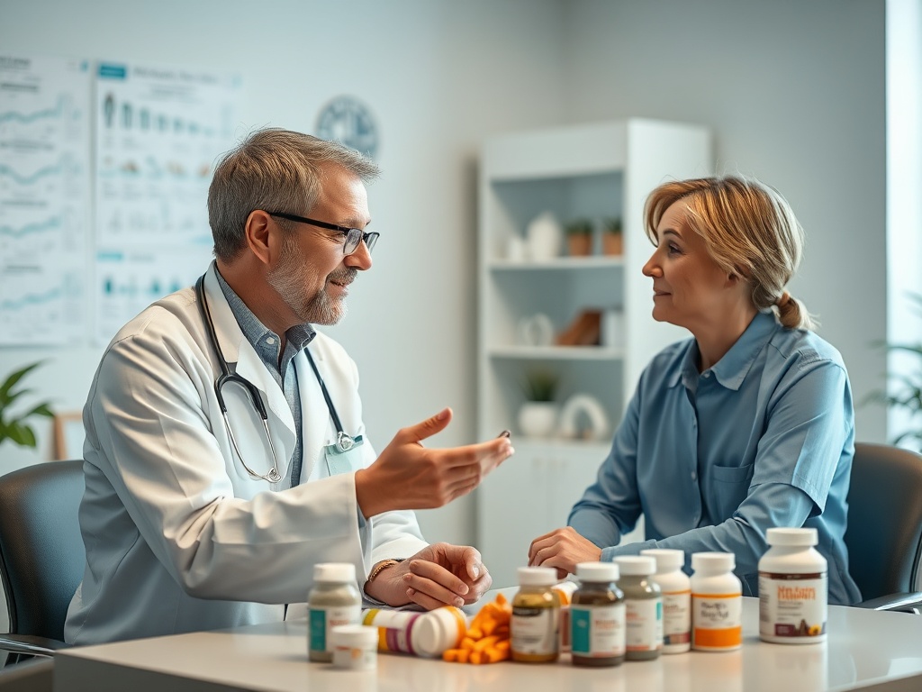 Врач беседует с пациенткой, на столе упаковки с медикаментами. Обстановка спокойная и профессиональная.