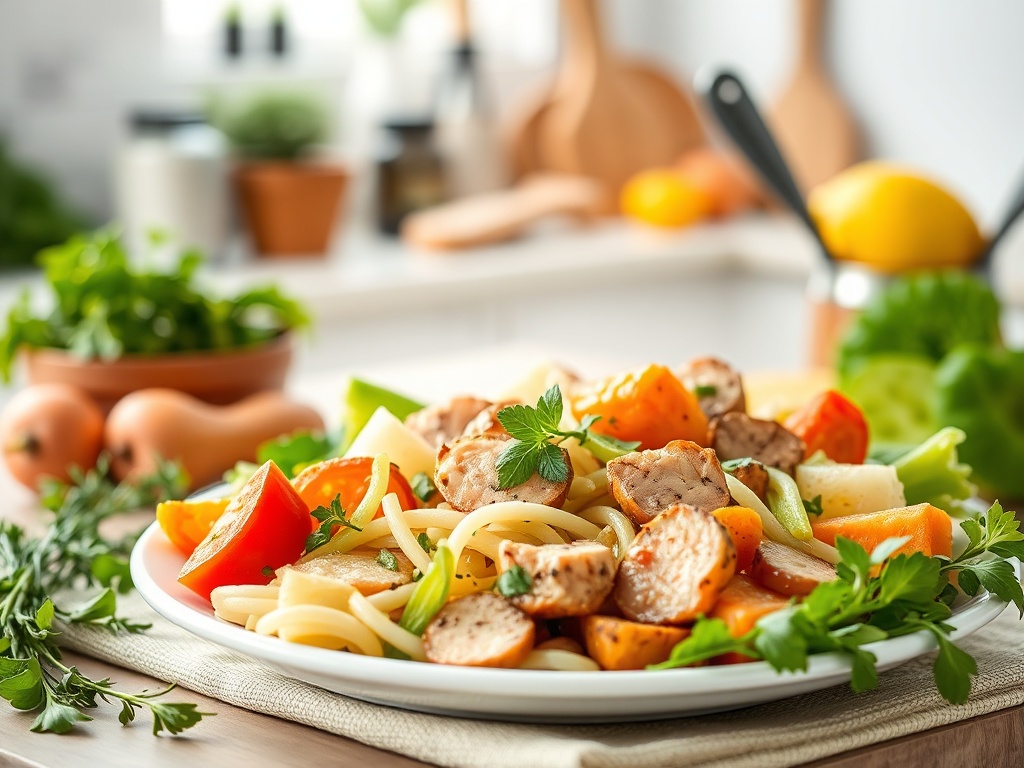 Тарелка пасты с курицей и овощами, украшенная свежей зеленью. На фоне кухонная утварь и ингредиенты.