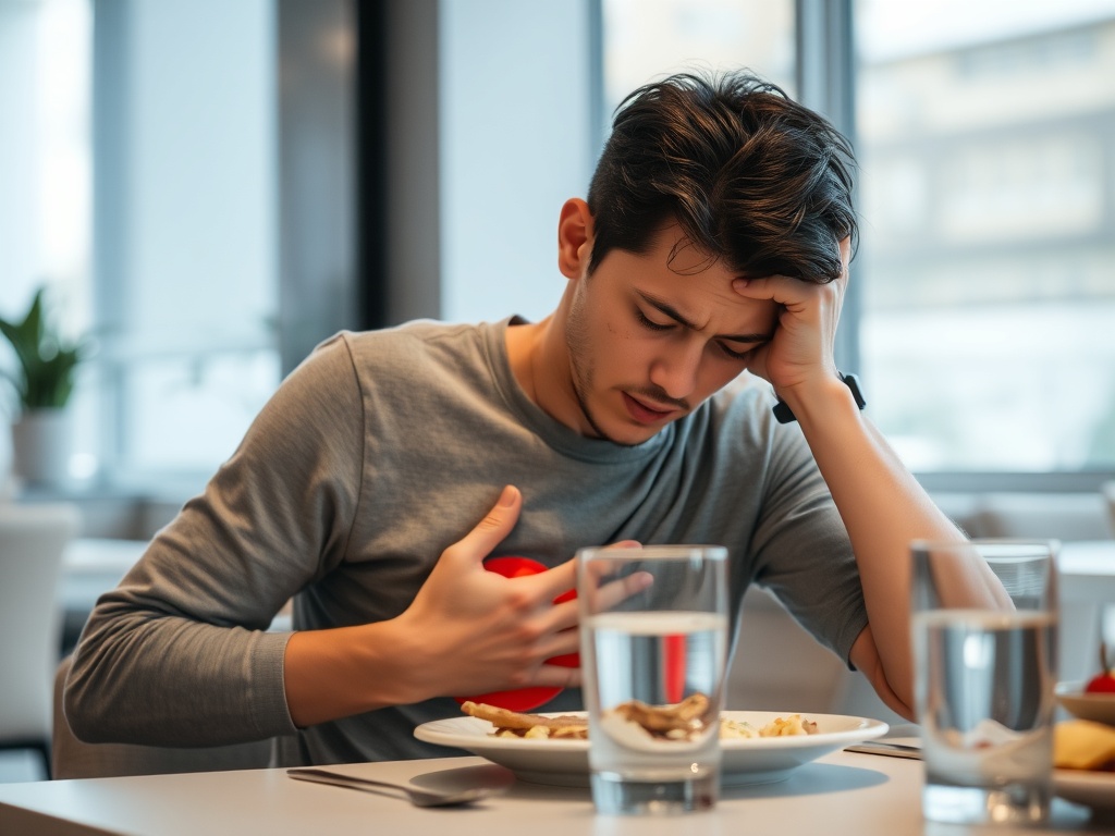 Молодой человек с выражением дискомфорта за столом, держит руку на груди рядом с едой и напитками.