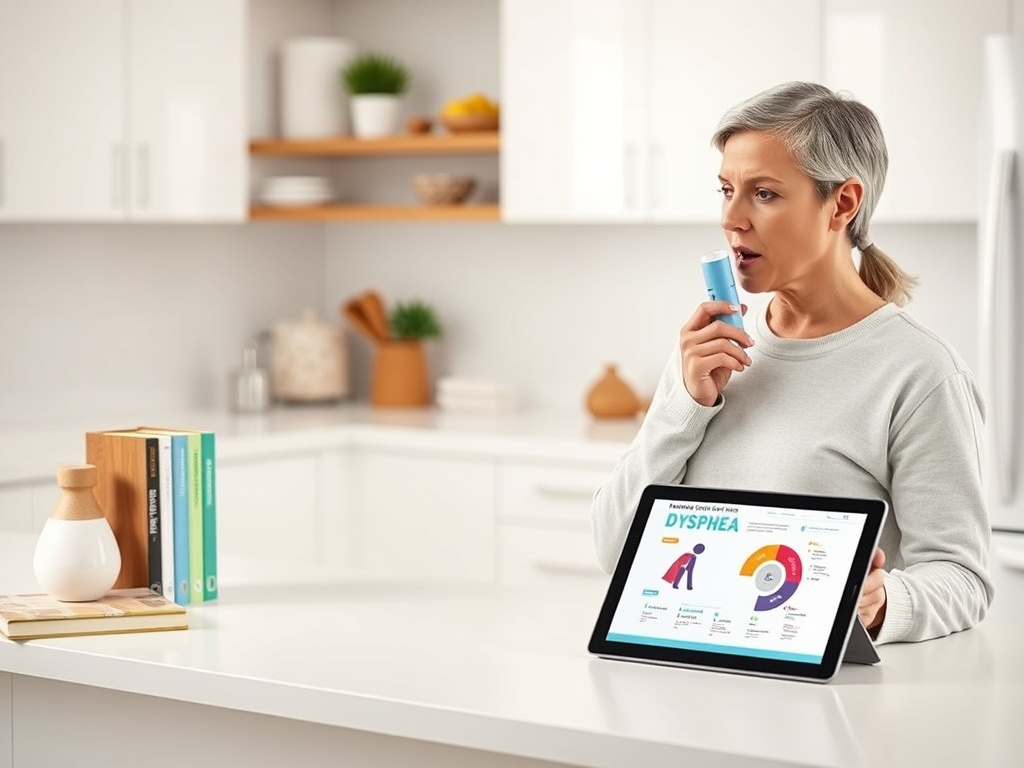 Женщина использует ингалятор в кухне, смотрит на планшет с информацией о диспноэ.