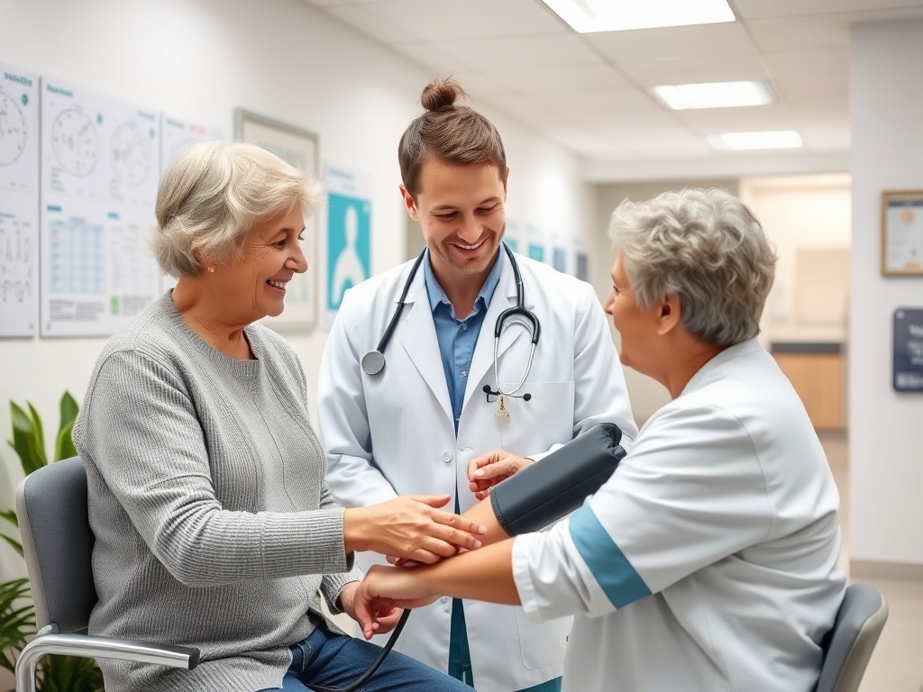 Врачи общаются с пожилой женщиной во время медицинского обследования в клинике. Атмосфера дружелюбная.