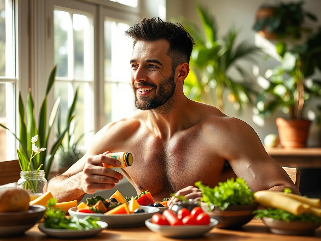 Молодой мужчина сидит за столом, наслаждаясь свежими овощами и фруктами в уютной обстановке.