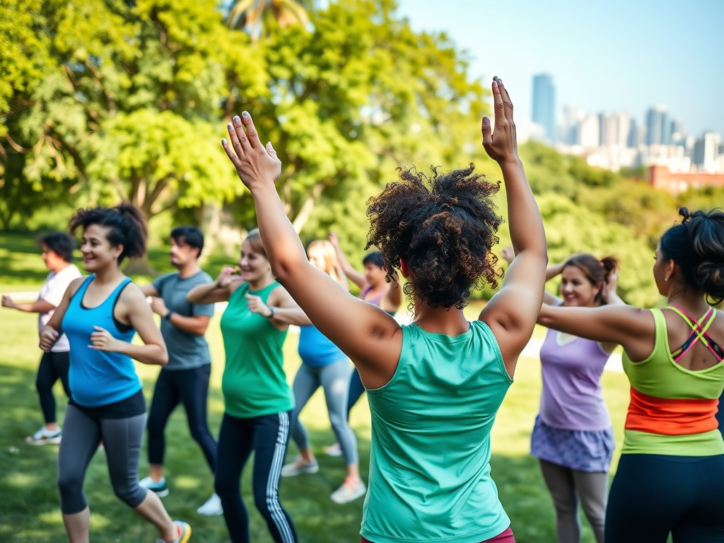 Группа женщин занимается фитнесом на свежем воздухе в парке с городской панорамой на заднем плане.