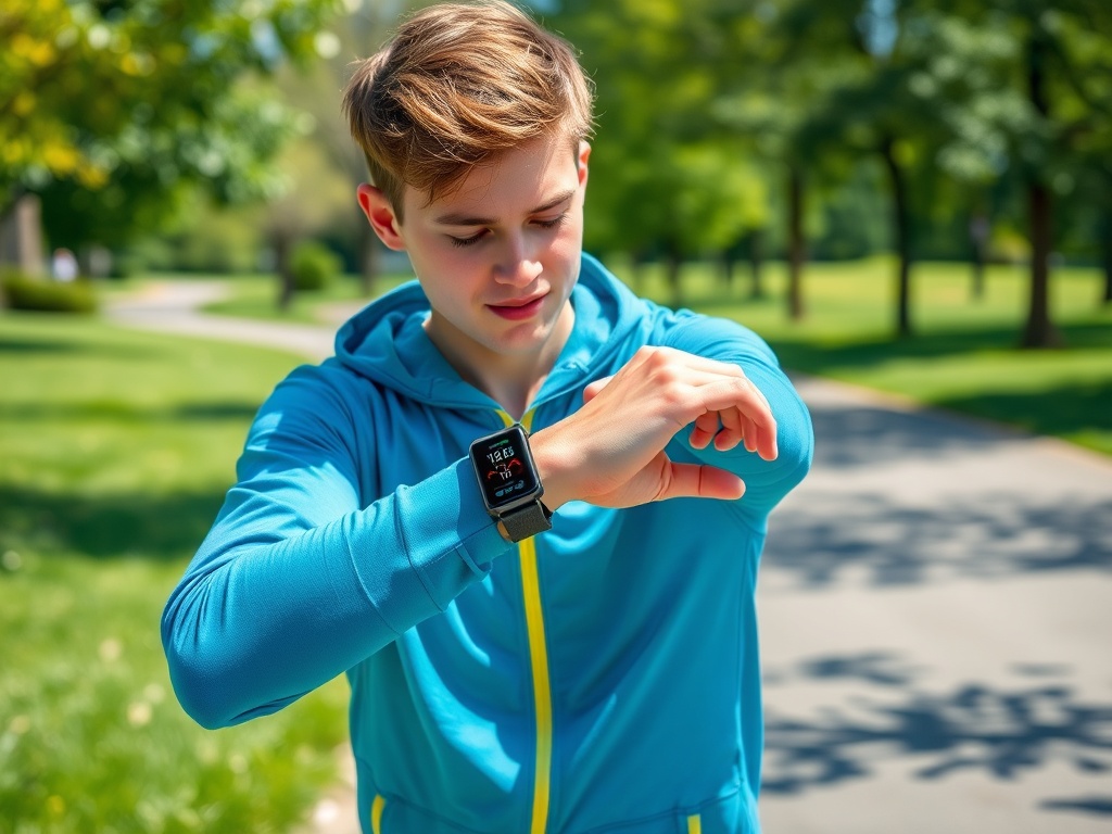 Молодой человек в синем спортивном костюме смотрит на смарт-часы в солнечном парке.
