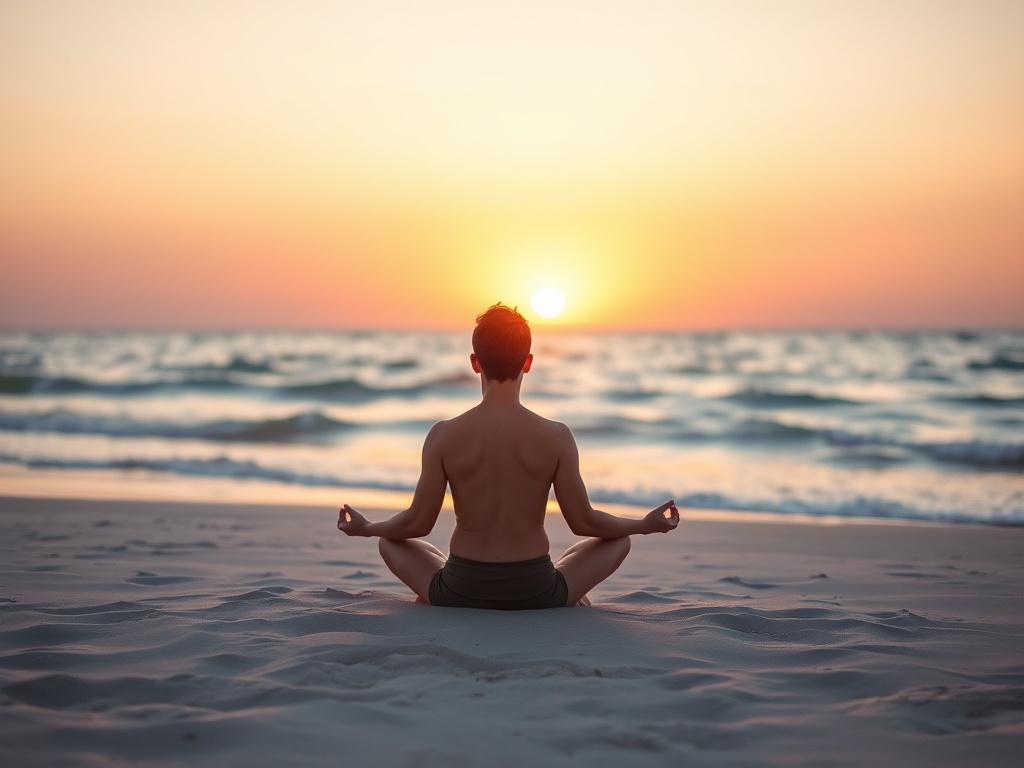 Человек медитирует на пляже во время заката, спокойные волны океана на фоне.