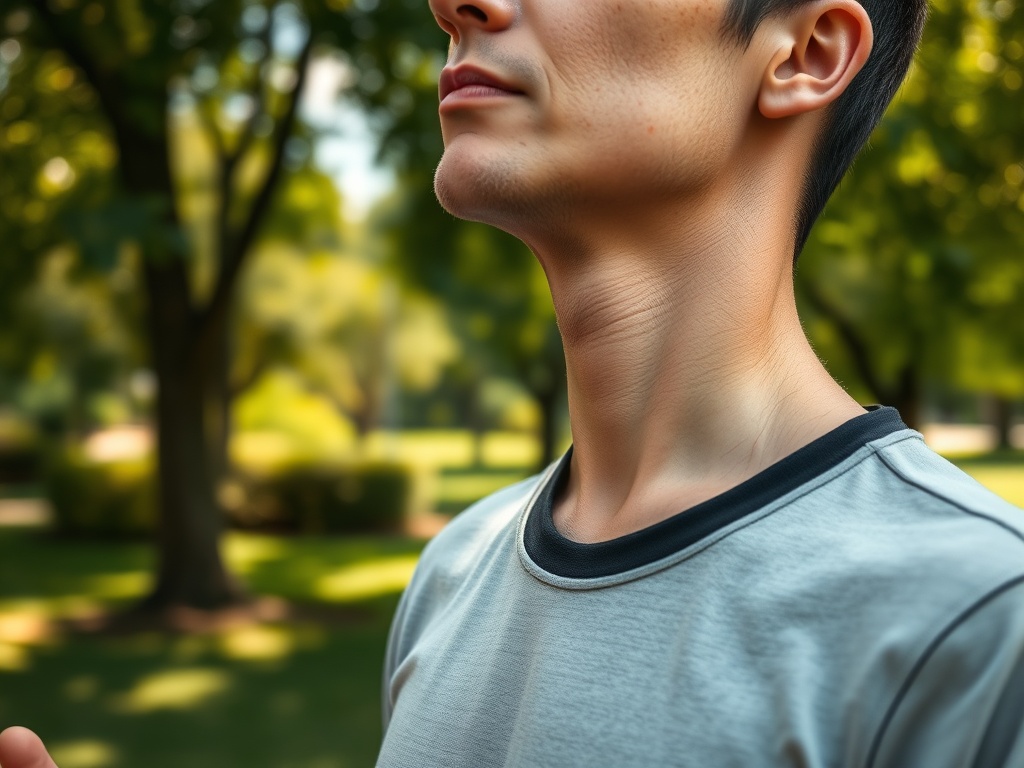 Мужчина в светлой футболке стоит на улице, смотрит вверх. На фоне зелёные деревья и парк.