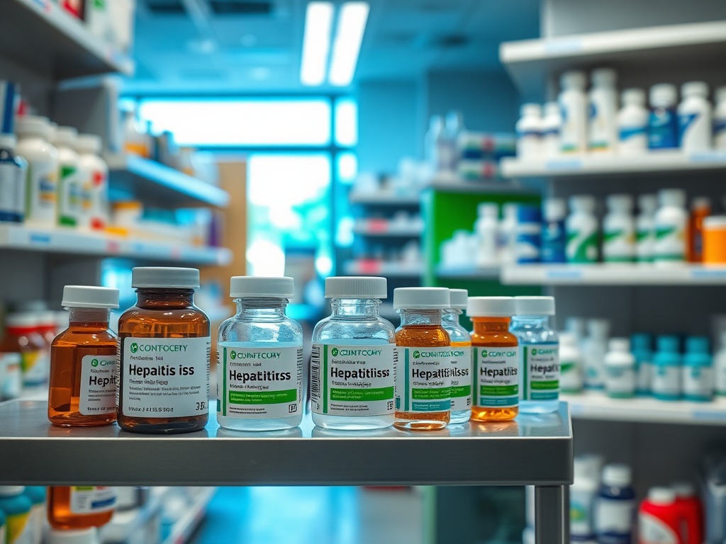На полке аптеке стоят бутылки с лекарствами от гепатита, вокруг много других медицинских препаратов.