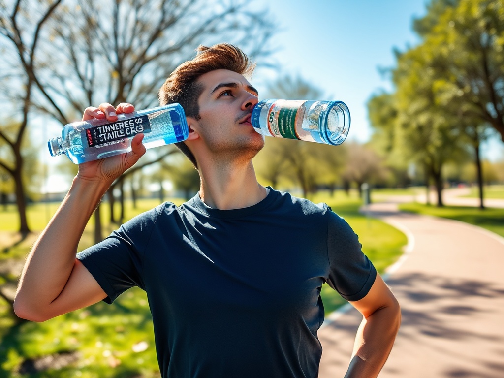 Молодой человек на прогулке в парке, пьёт воду из бутылок, наслаждаясь солнечным днем.