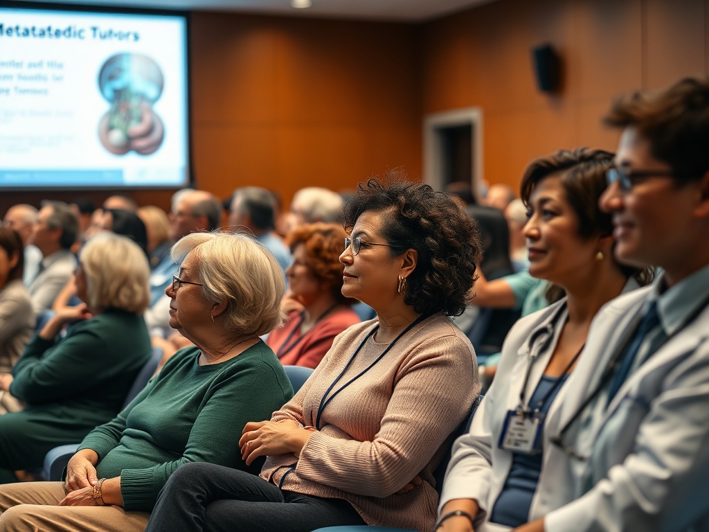 На конференции сидят участники, слушающие лекцию о метастатических опухолях. Проектор показывает презентацию.