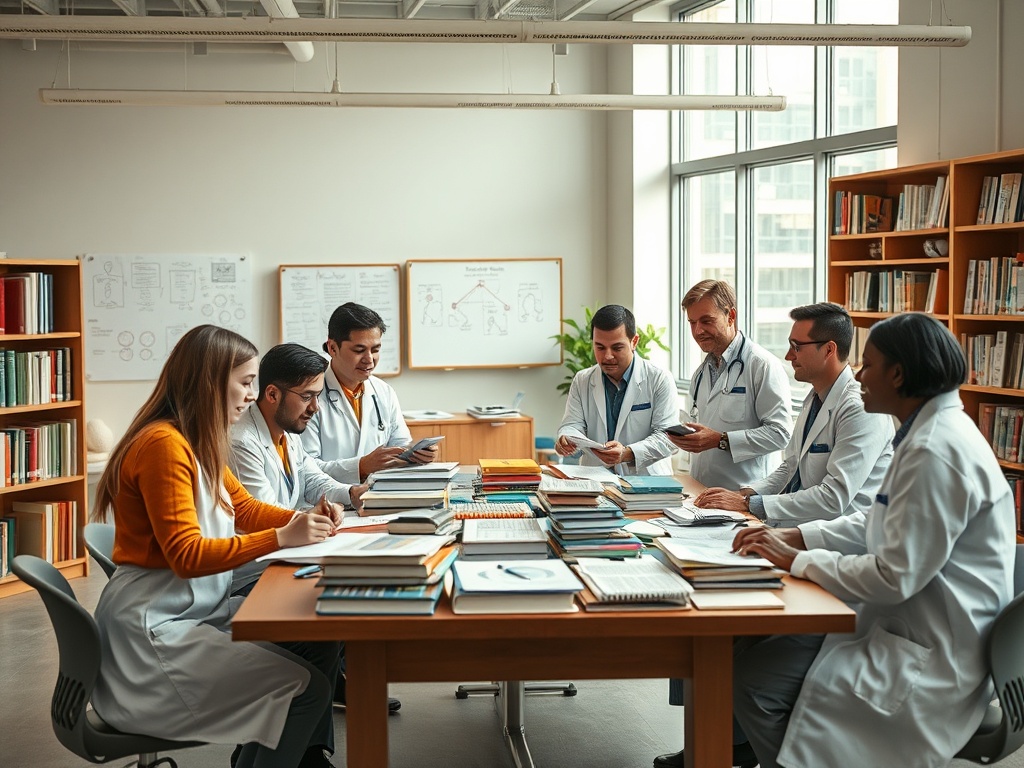 Группа врачей в лаборатории обсуждает документы и обменивается идеями. На столе много книг и бумаг.