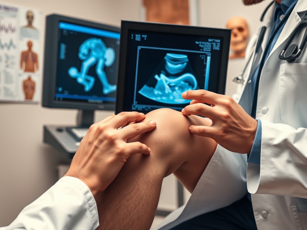 Врач проводит осмотр колена пациента, рядом с ним аппараты для УЗИ и рентгена.