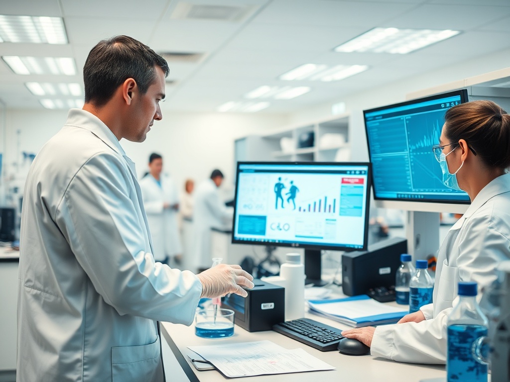 Лаборатория с учеными в белых халатах, работающими с компьютерами и лабораторным оборудованием.