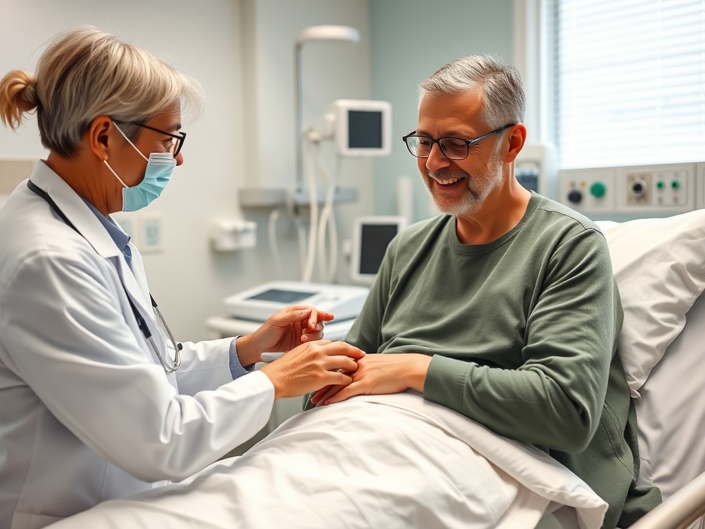 Врач в маске заботится о пациенте, который улыбается, сидя на больничной койке.