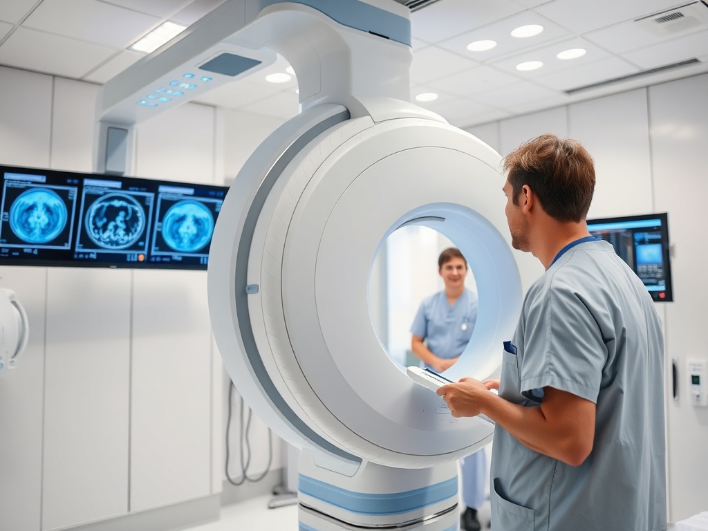 Медицинское оборудование для сканирования. Врачи в халатах обсуждают результаты на экранах.