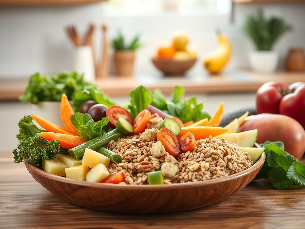 На деревянной тарелке свежие овощи и фрукты с зерновой кашей на кухонном столе.