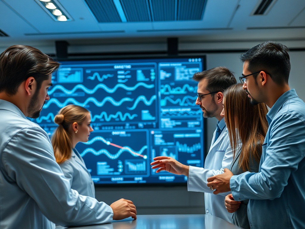 Группа ученых в лаборатории обсуждает данные на экране, анализируя графики и тенденции.