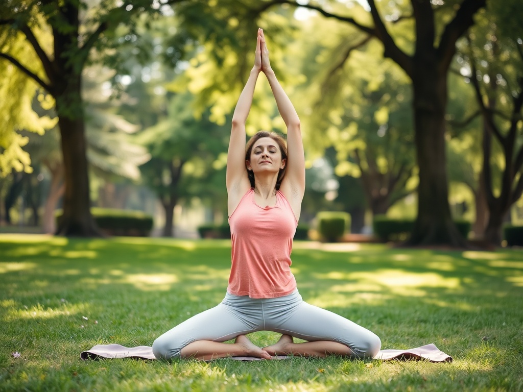 Женщина занимается йогой в парке, выполняя позу, с руками поднятыми вверх на фоне зелени деревьев.