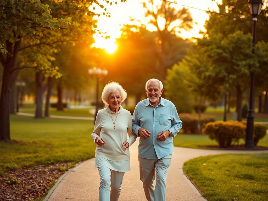 Два пожилых человека счастливо гуляют по парку на закате. Зеленая трава и деревья создают приятную атмосферу.