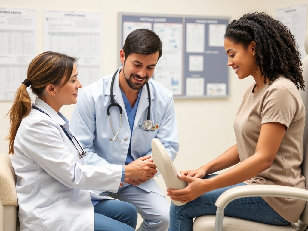 Врачи и пациент обсуждают лечение, врач в белом халате улыбается, а пациентка внимательно слушает.