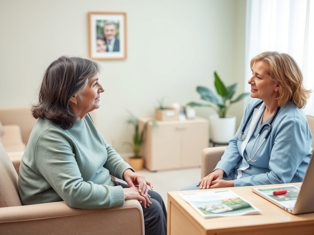 Врач разговаривает с женщиной в уютном кабинете. Оба выглядят заинтересованными и открытыми к общению.