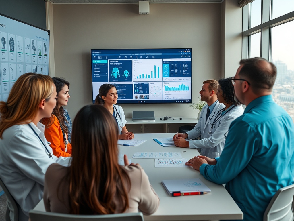 Группа врачей обсуждает данные на встрече в офисе с презентацией на экране.