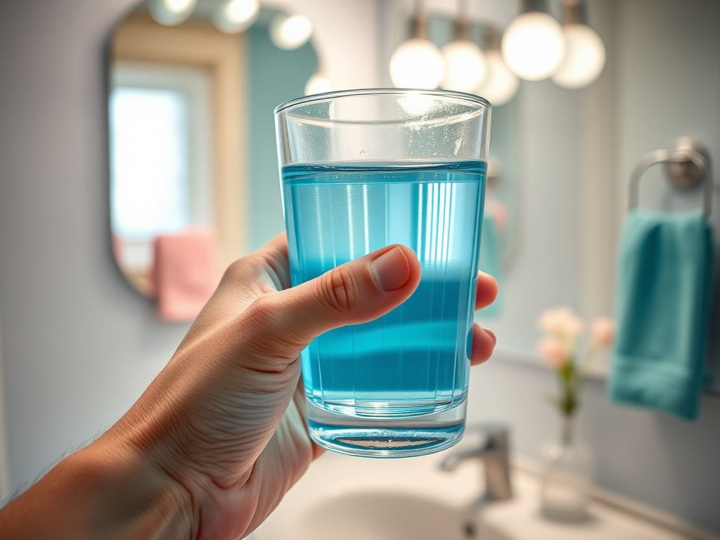 Стакан с голубой жидкостью в руке на фоне ванной с зеркалом и светильниками.