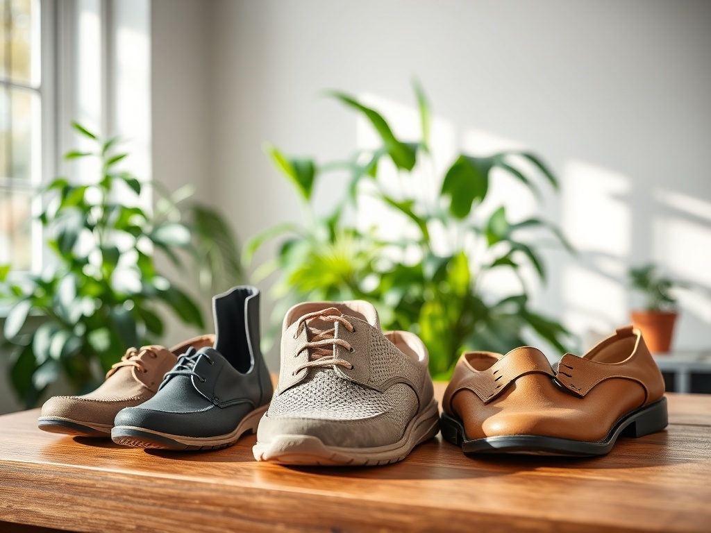 На столе стоят четыре пары обуви разных стилей, окружённые зелёными растениями. В помещении светло.