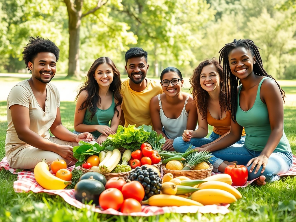 Группа людей сидит на траве, окруженная фруктами и овощами, улыбаются и наслаждаются временем вместе.