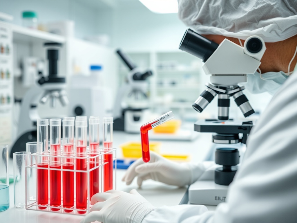 Лабораторное исследование: ученый с микроскопом и пробирками с красной жидкостью на столе.