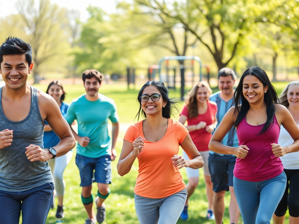 Группа людей бегает по парку, веселые и энергичные, наслаждаясь активным отдыхом на свежем воздухе.