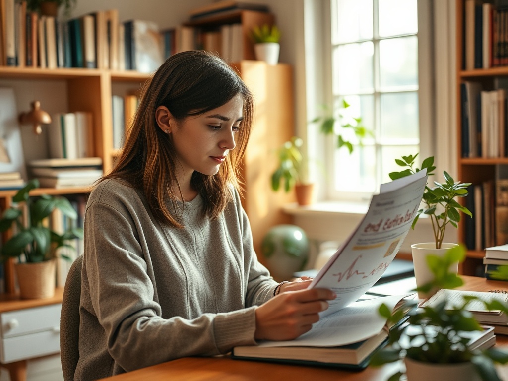 Молодая женщина читает журнал, сидя за столом в уютной комнате с книгами и растениями.