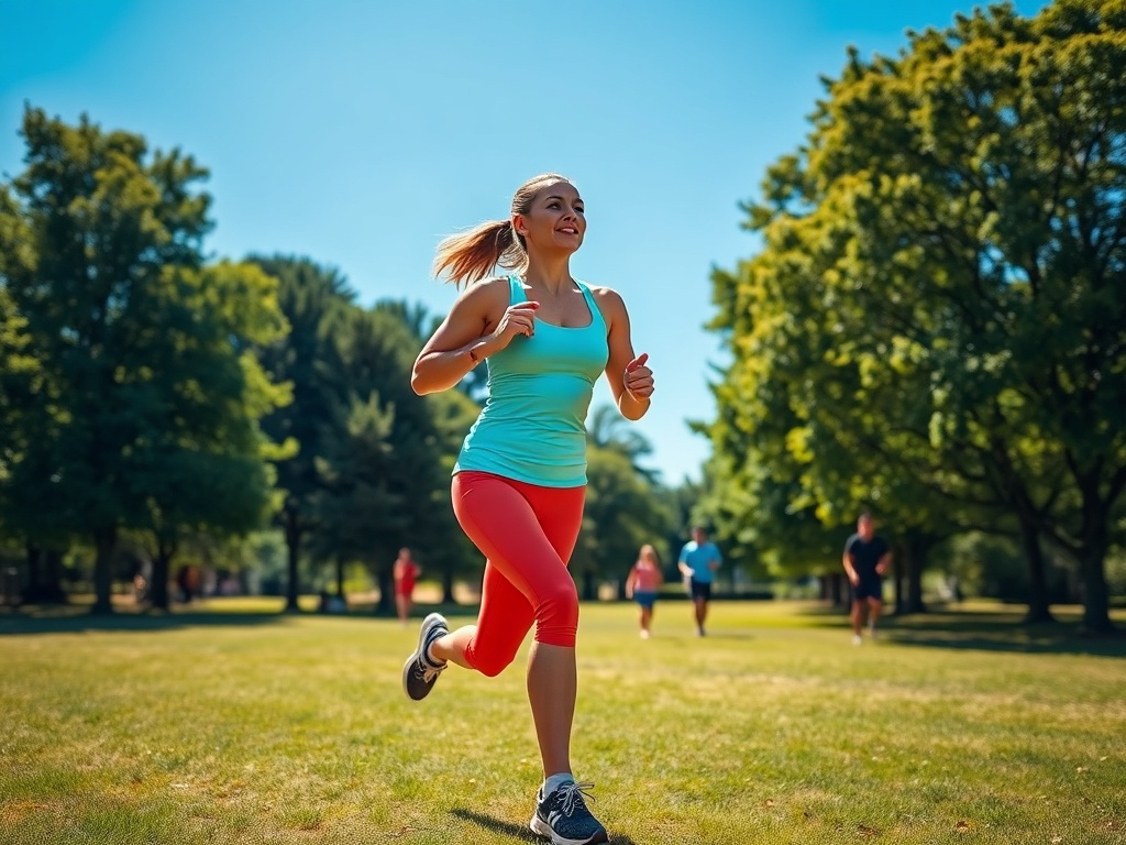 Девушка в спортивной одежде бегает по парку под ясным небом, вокруг другие люди занимаются спортом.