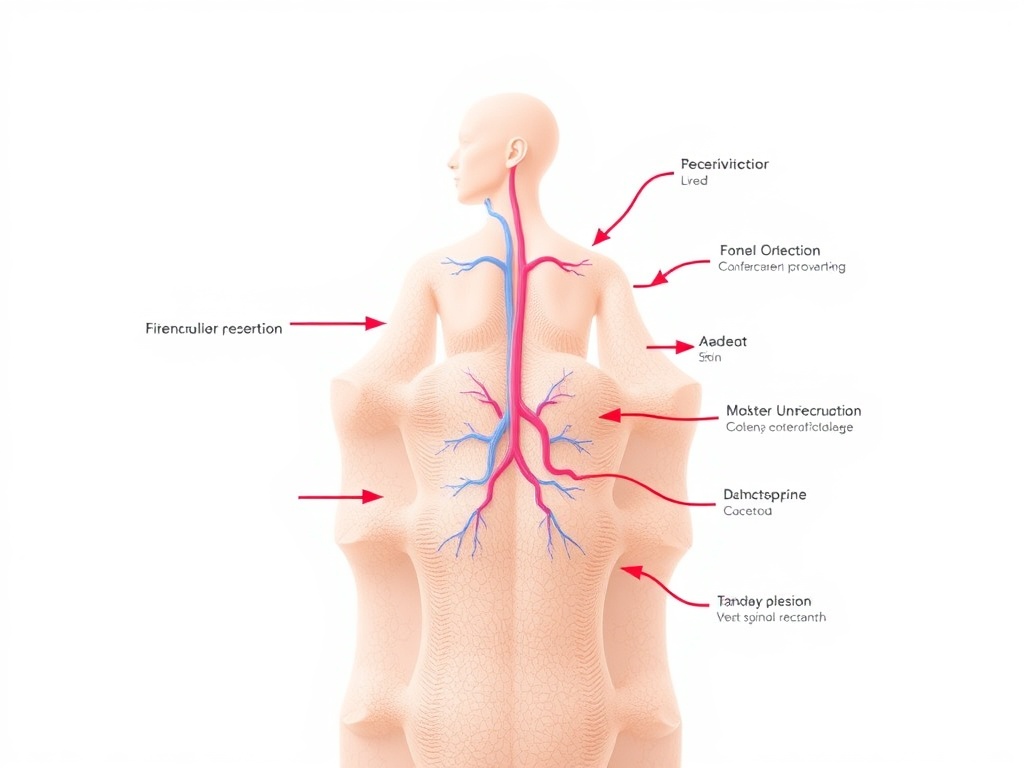 Изображение позвоночника с анатомическими структурами и обозначениями для различных частей.