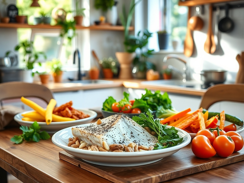 На столе в светлой кухне вкусные блюда: рыба, овощи и орехи. Обилие свежих ингредиентов.