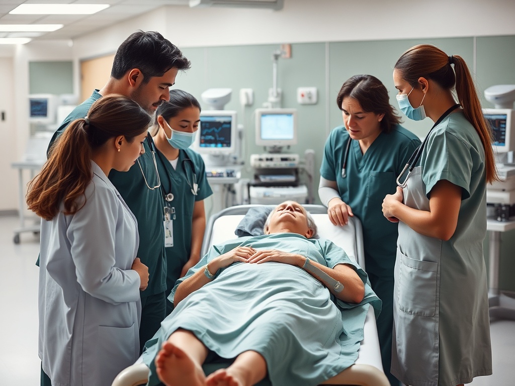 Шестеро медицинских работников обсуждают пациента в больнице, сосредоточенные на его состоянии.