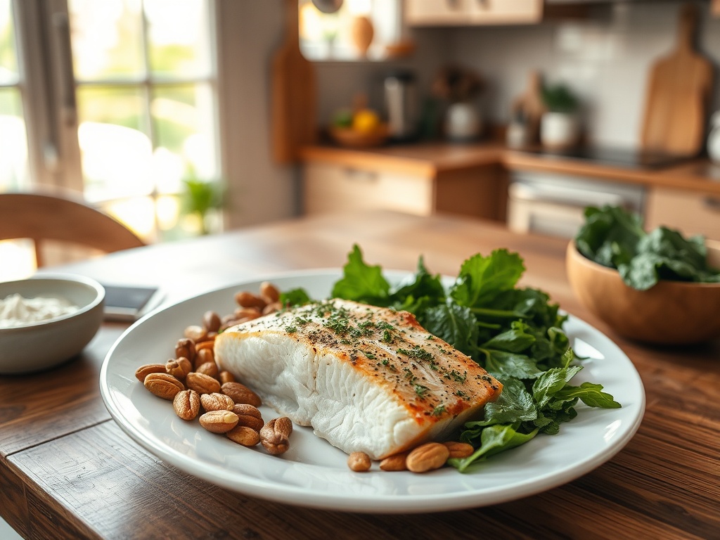 На тарелке филе рыбы с зеленью и миндалем, рядом миска с соусом на деревянном столе.