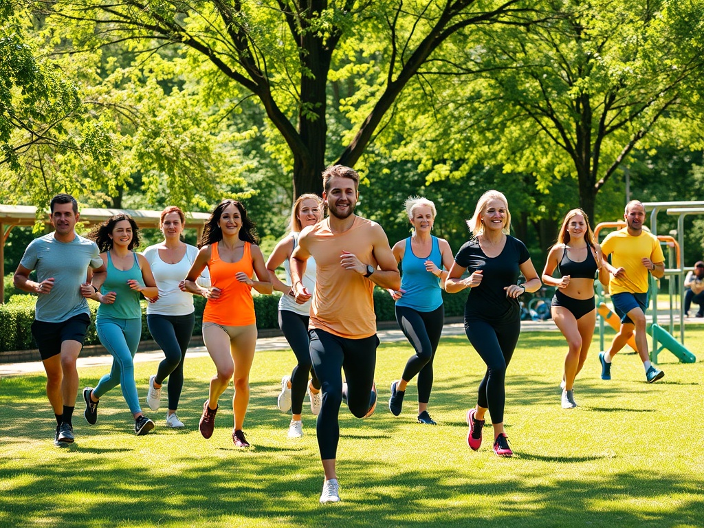 Группа людей в спортивной одежде бежит по парку в солнечный день, окруженные зелеными деревьями.