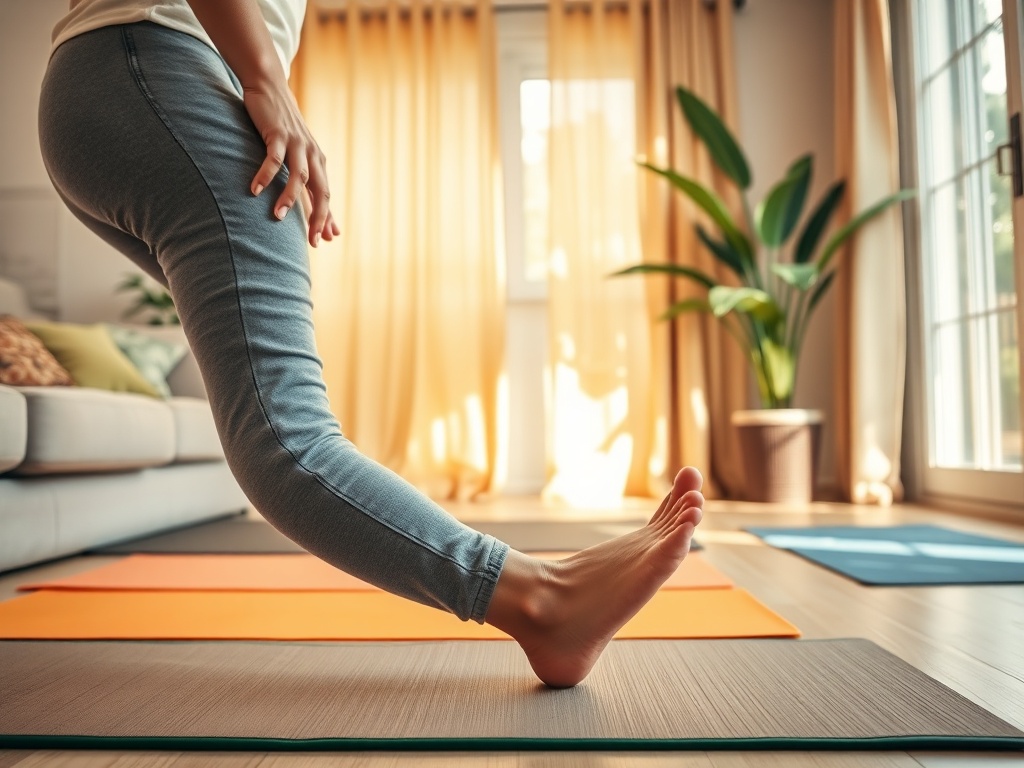 Человек занимается йогой, вытягивая ногу на коврике в светлом помещении с растениями.