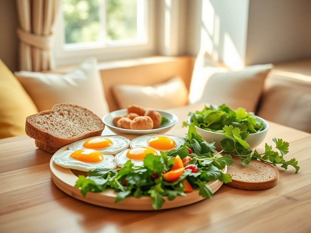 На столе завтрак: яйца, салат, хлеб и свежие овощи. Солнечный свет освещает уютное пространство.