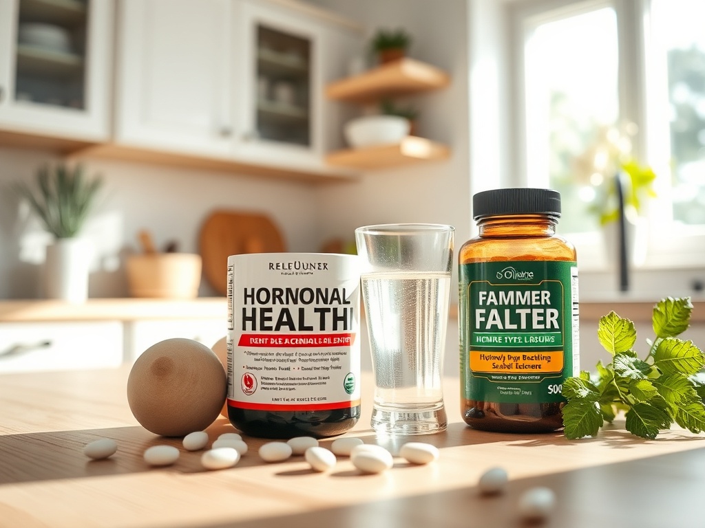 На столе бутылки с добавками для здоровья, яйцо, вода и листья мяты в светлом помещении.