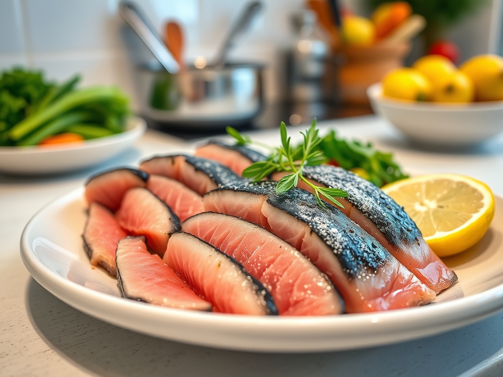 На тарелке нарезанный филе рыбы, рядом лимон и зелень, в фоновом режиме овощи и кухонная утварь.