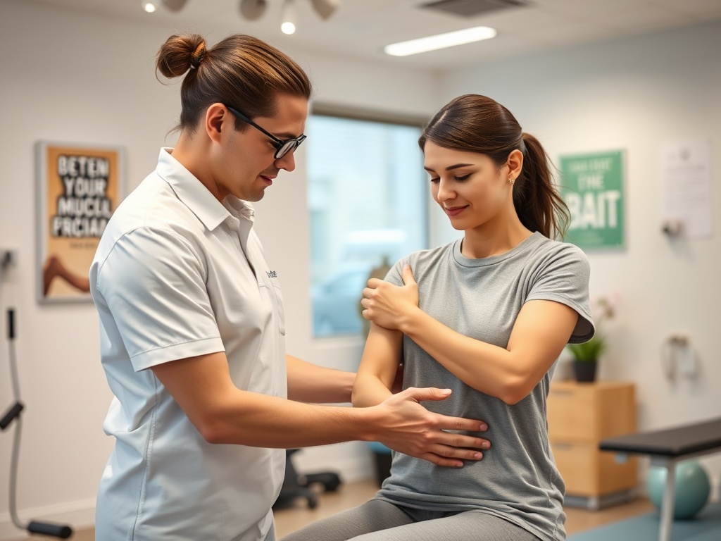 Мужчина в медицинской одежде консультирует женщину о проблемах с плечом в физиотерапевтическом кабинете.