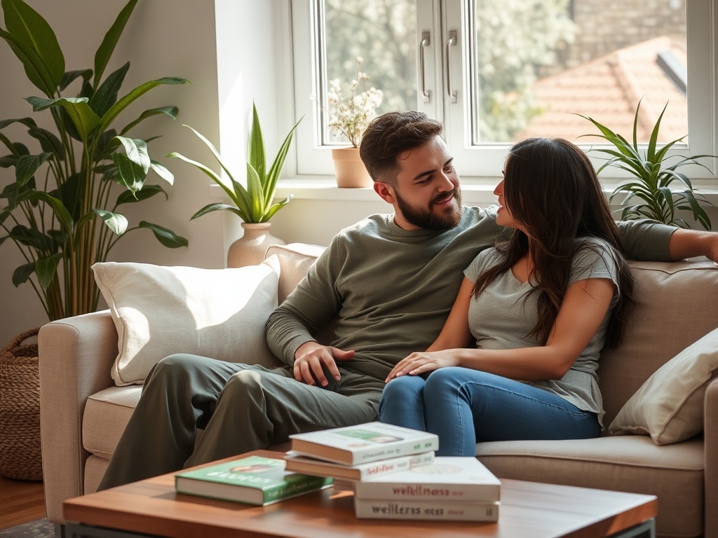 Пара сидит на диване, улыбается друг другу, в комнате много зелени и светит солнечный свет.