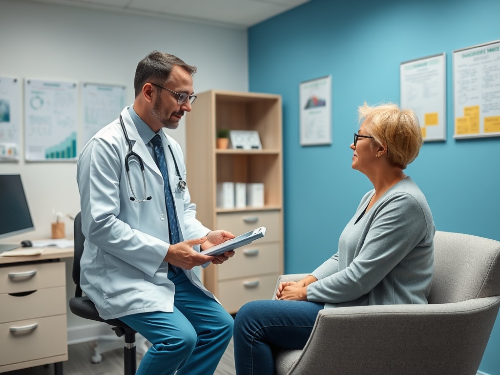 Врач беседует с пожилой женщиной в медицинском кабинете, обсуждая ее здоровье.