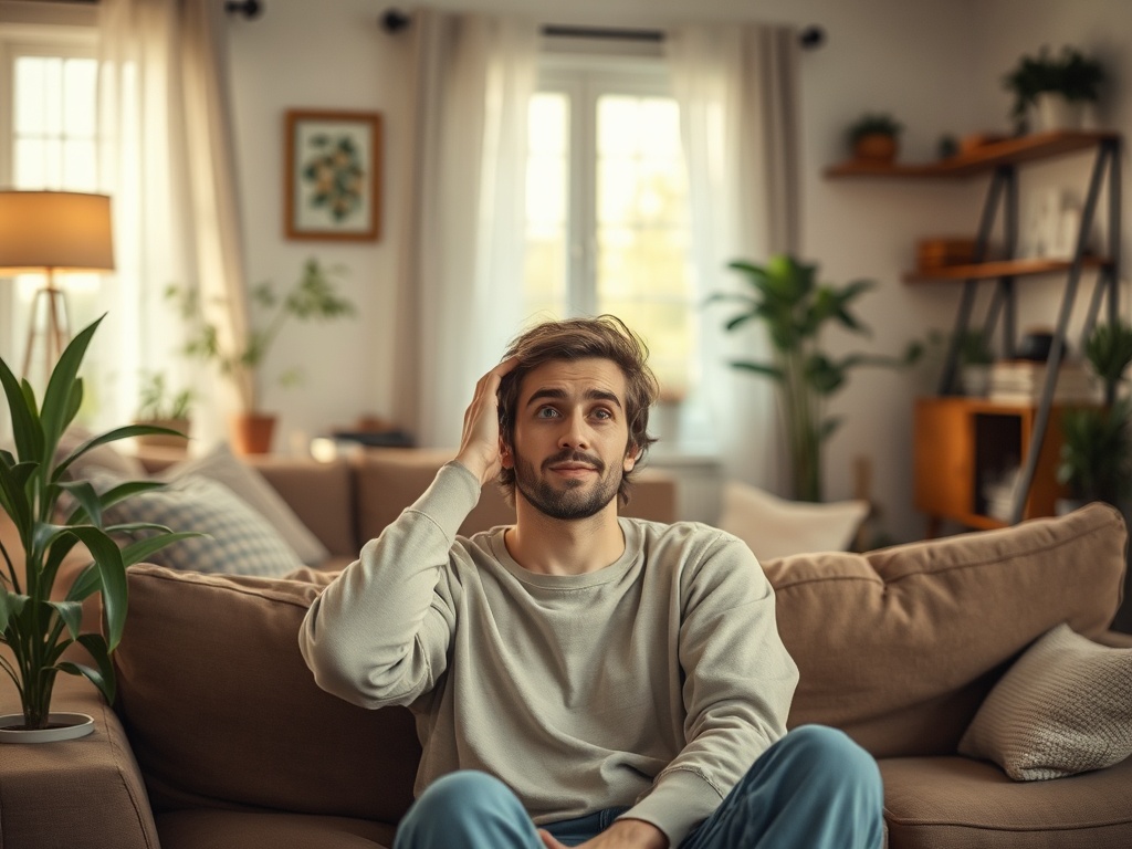 Молодой человек сидит на диване, задумчиво смотрит вдаль в уютном интерьере квартиры.
